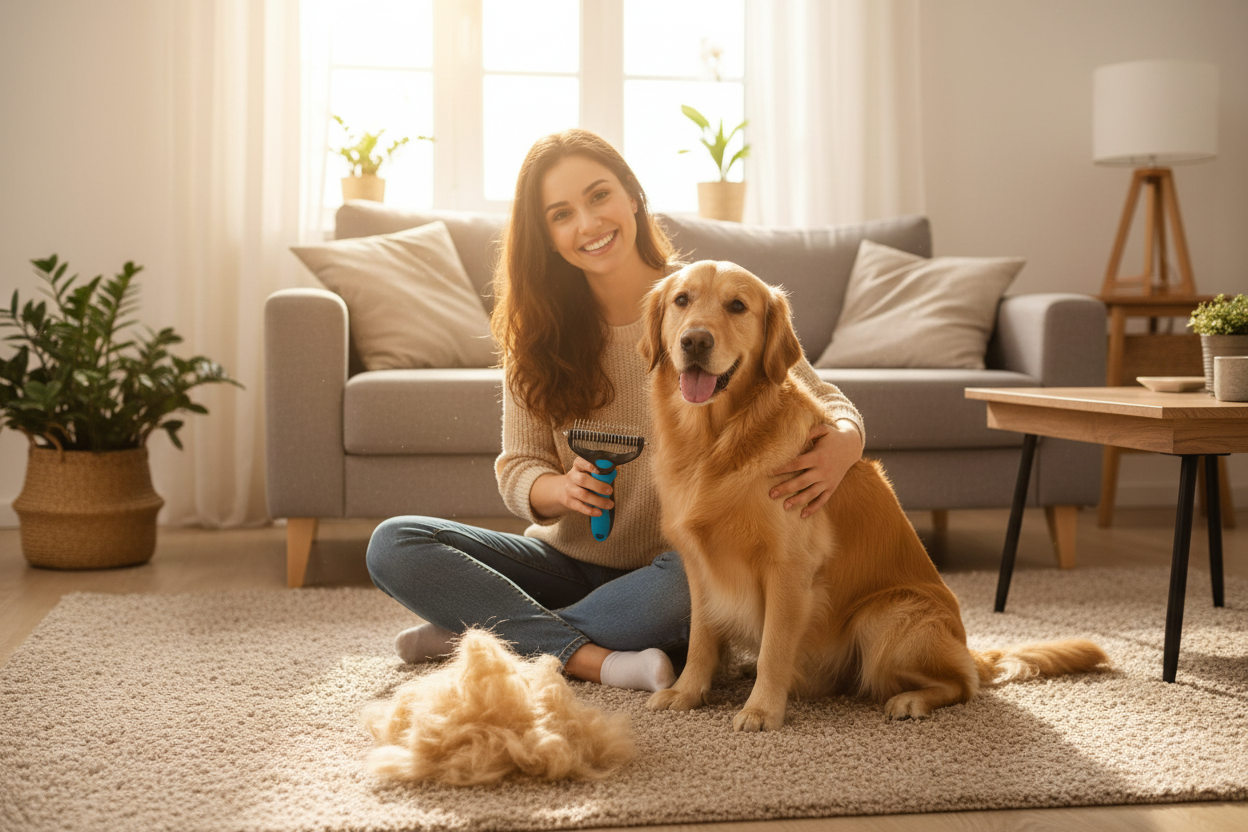 Owner grooming dog