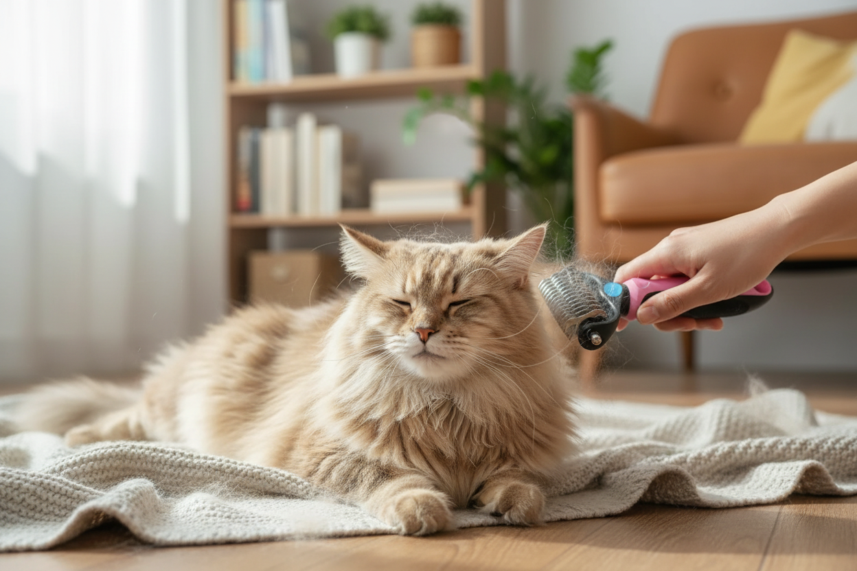 Pink brush grooming cat